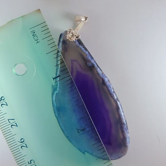 Purple Agate Slice Pendant 2.25" Polished Teardrop Necklace Sterling Bail - Picture 9 of 9